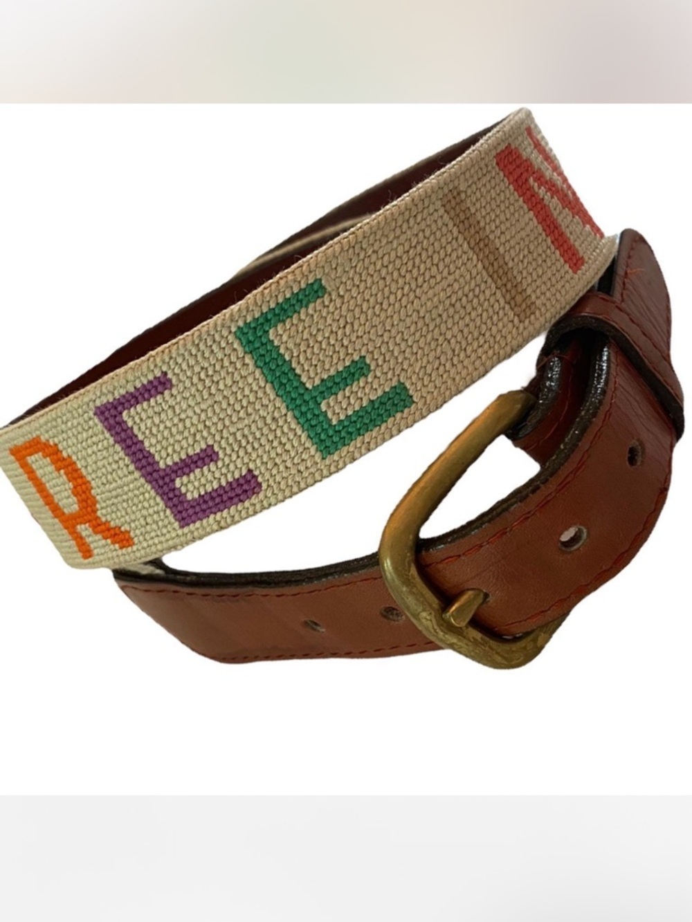 Vintage 90s Leather Belt with Woven Nautical Design